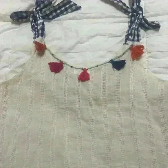THML Multi Colored Tassel Cream Tank Blue Gingham Ribbon Ties size Small - Picture 9 of 10